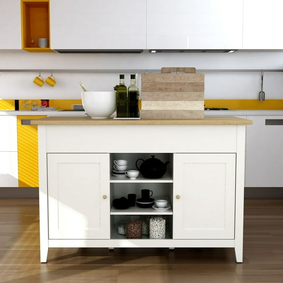 Kitchen Island Cabinet with Storage & Stools - 53" Rolling Cart for Dining & Prep