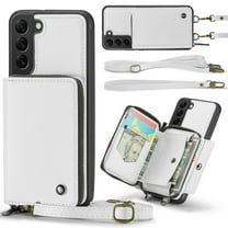 ELEHOLD Crossbody Wallet Phone Case for Samsung Galaxy S22 Plus, Zipper Pocket Card Holders Detachable Crossbody Strap Lanyard RFID Blocking Soft Leather Protective Case,White
