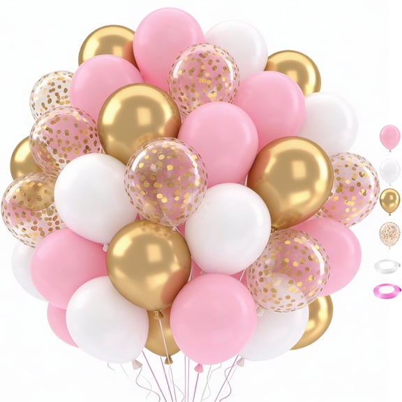 50 pcs 12 inch Metallic Gold Pastel Pink White Confetti Latex Balloons Kit, Pink Gold Confetti Balloons Set for Birthday Baby Shower Girl Party Decorations
