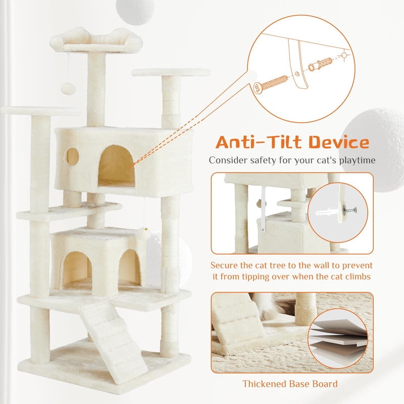 Kelno 54" Cat Tree Tower Durable Cat Climbing Tower with Sisal Scratching Posts Cozy Condo Hammock and Platforms, Beige