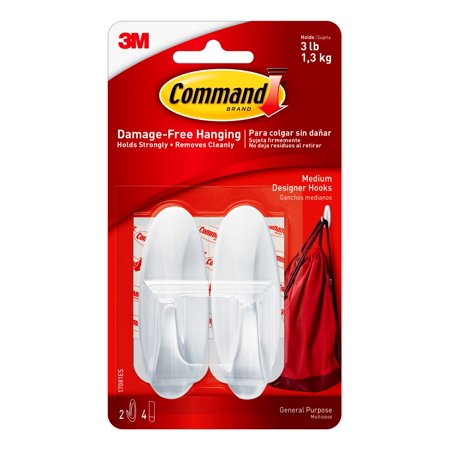 Pole 4 Leg 2 Hook - Command Designer Hooks, White, Medium, 2 Hooks, 4 Strips/Pack