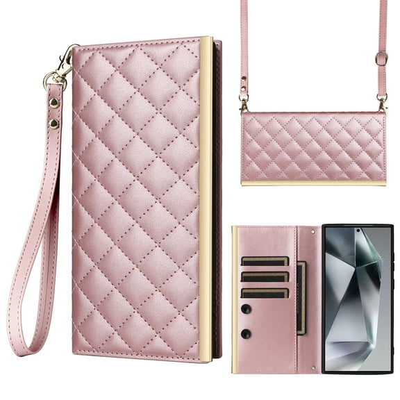 Desugned For Samsung Galaxy S25 Ultra Wallet Phone Case,With Suction Cup Fastener,Flip Folding Kickstand,With Card Slots,Wrist Strap&Shoulder Strap,Shockproof PU Leather Phone Case,Rosegold