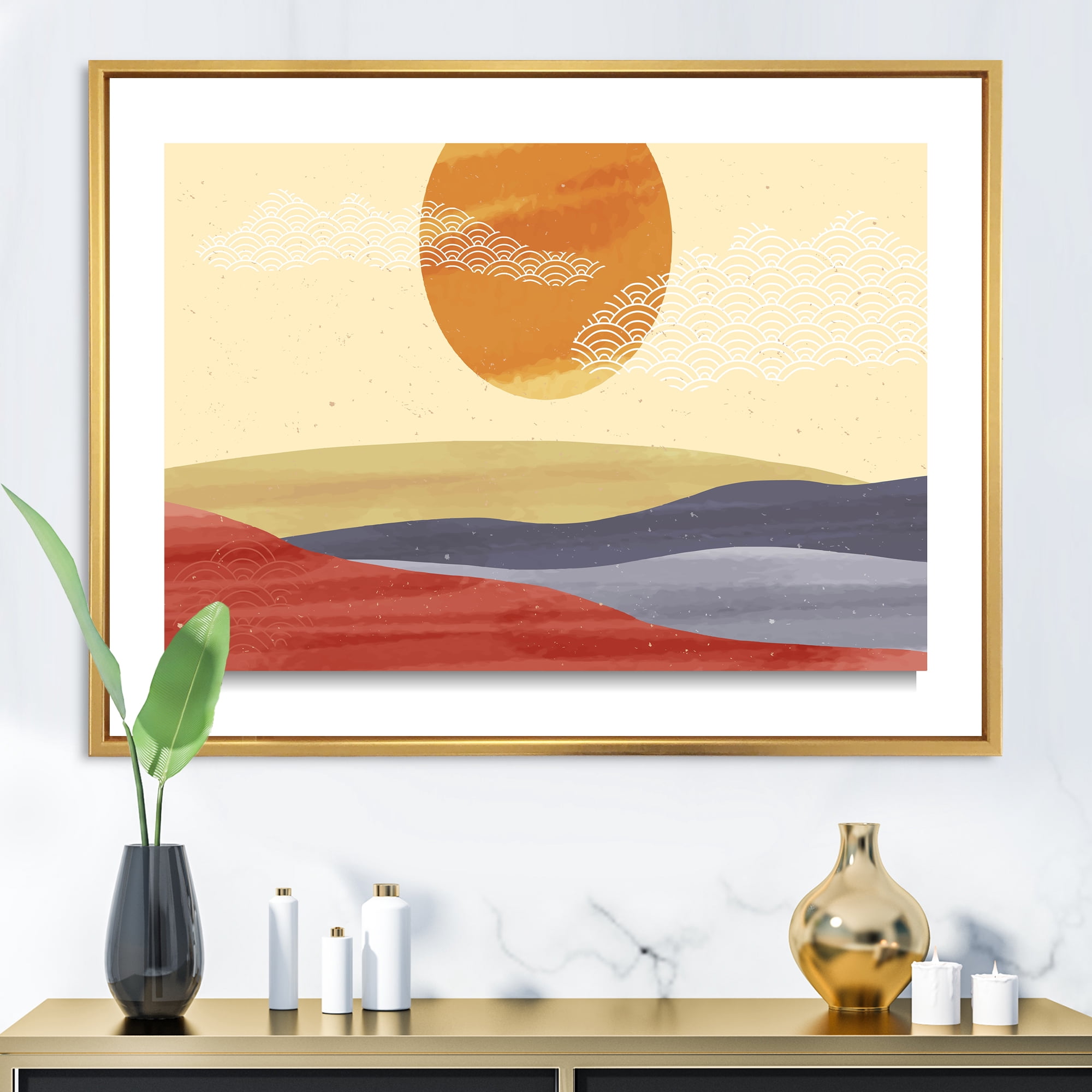 Designart 'Abstract Minimalistis Landscape Mountain & Moon' Modern Framed Canvas Wall Art Print