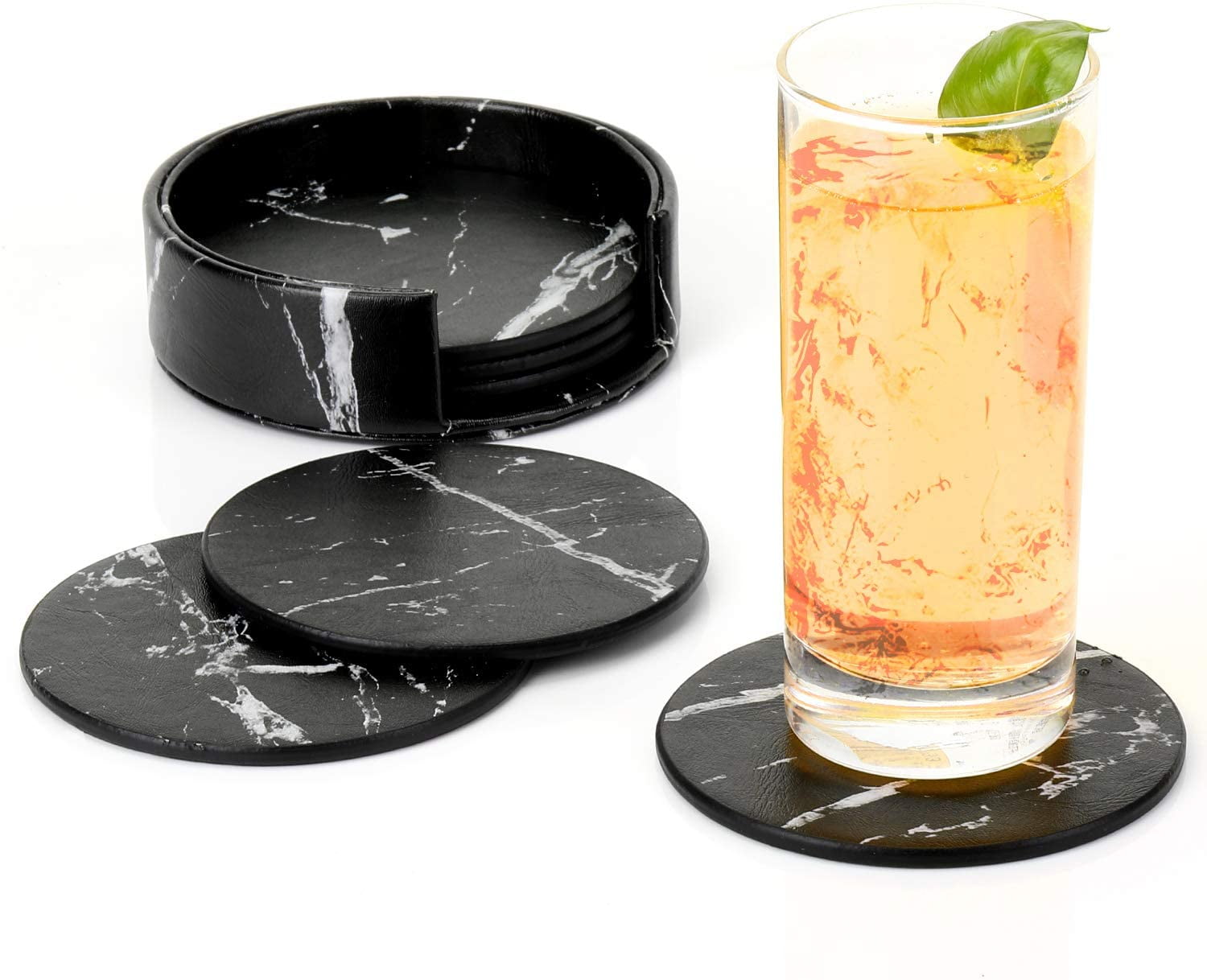 Premium Leather Glass Coasters With Holder Set Of 6 Cup Coasters