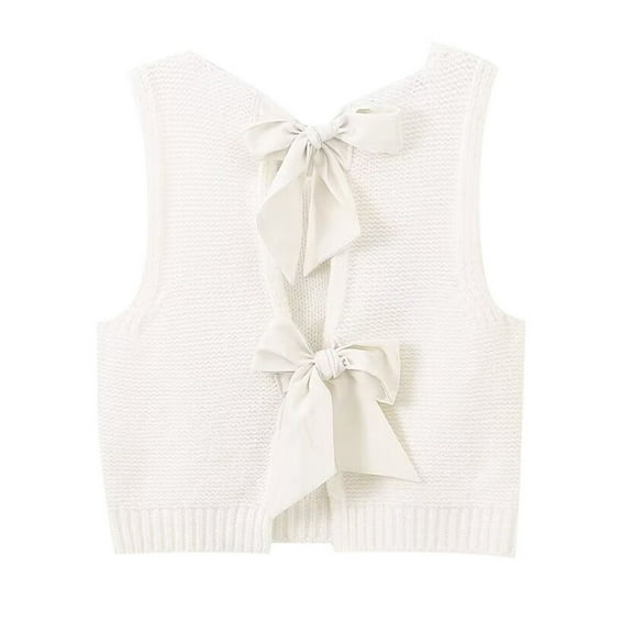 Women Autumn Winter Casual Short Knitted Sweater Vest Top With Elegant Bow Design For Everyday Style