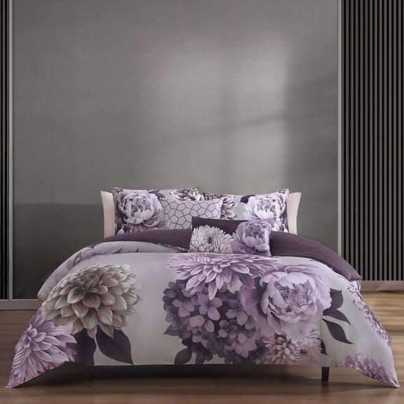 Bebejan Plum Petal 5 Piece Comforter Set, Queen, Purple, 100% Cotton Sateen, Reversible, All Season, Cozy Comfort