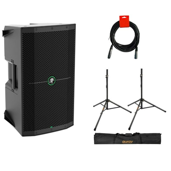 Mackie THUMP 210 (2 Pack) Bundle with XLR- XLR Cable (2 Pack), Auray SS-47S-PB Deluxe Height-Adjustable Steel Speaker Stands with Tripod Base and Carrying Case