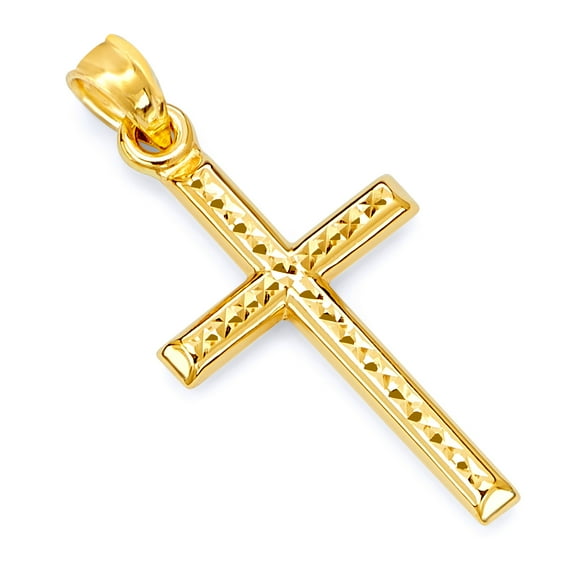 Wellingsale 14K Yellow Gold Polished Diamond Cut Classic Religious Christian Cross Charm Pendant