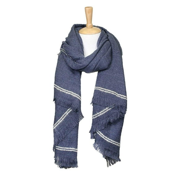 Women's Winter Warm Solid Oblong Scarf with Accent Border Navy