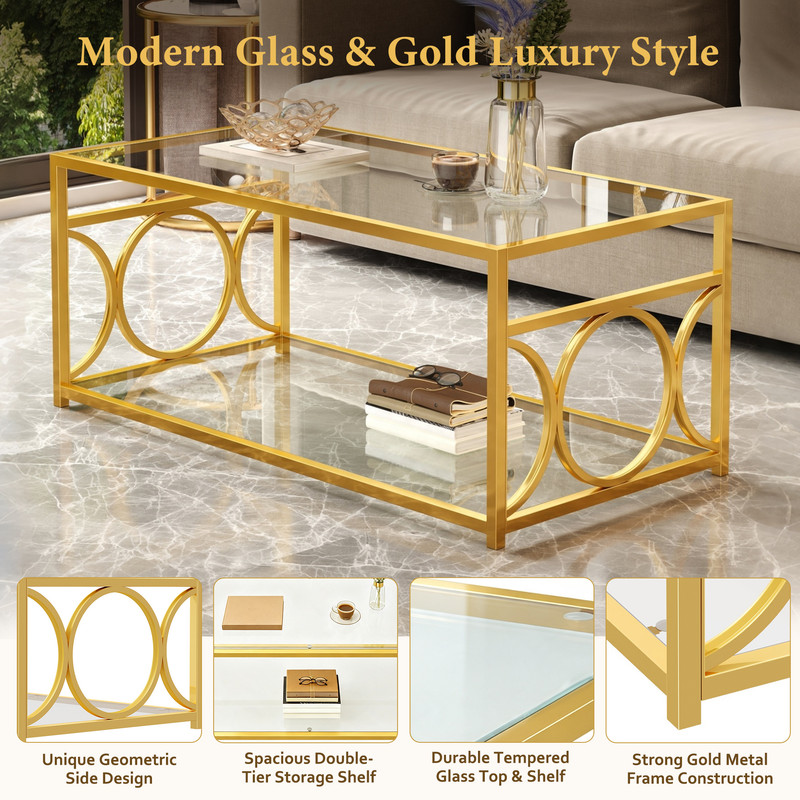 Glass Top Coffee End Table with Gold Metal Frame, Rectangular 2-Tier Storage Center Cocktail Table with Open Storage Shelf