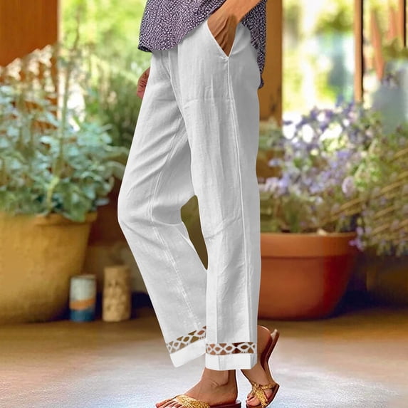 GUACER Straight Leg Trousers for Women Casual Cotton Linen Loose Elastic Waisted Summer Pants with Pockets Lace Splicing Hem