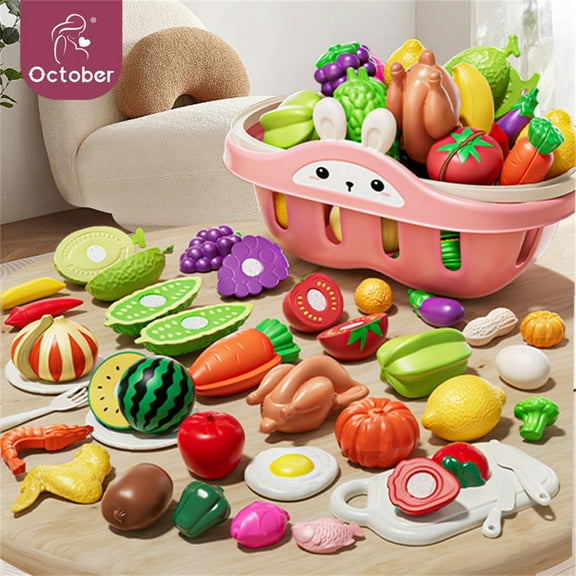 KOYPTL Cutting Play Food Toys For Kids2 ,Pretend Play Kitchen Accessories with Fake Fruits Vegetables Set Basket Plastic Board And Knife,Birthday Christmas Gifts Education Toy For Toddler Children 3 