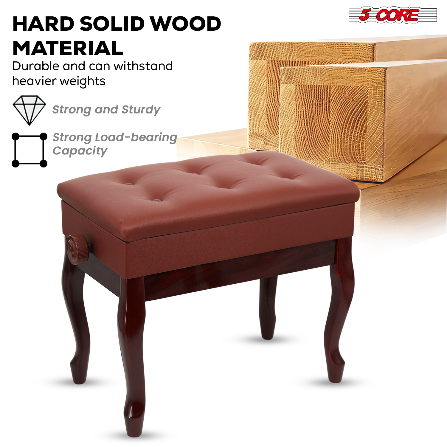 5 Core Adjustable Piano Bench Thick 3.25" Solid Wood Keyboard Stool Heavy Duty Musician Chair
