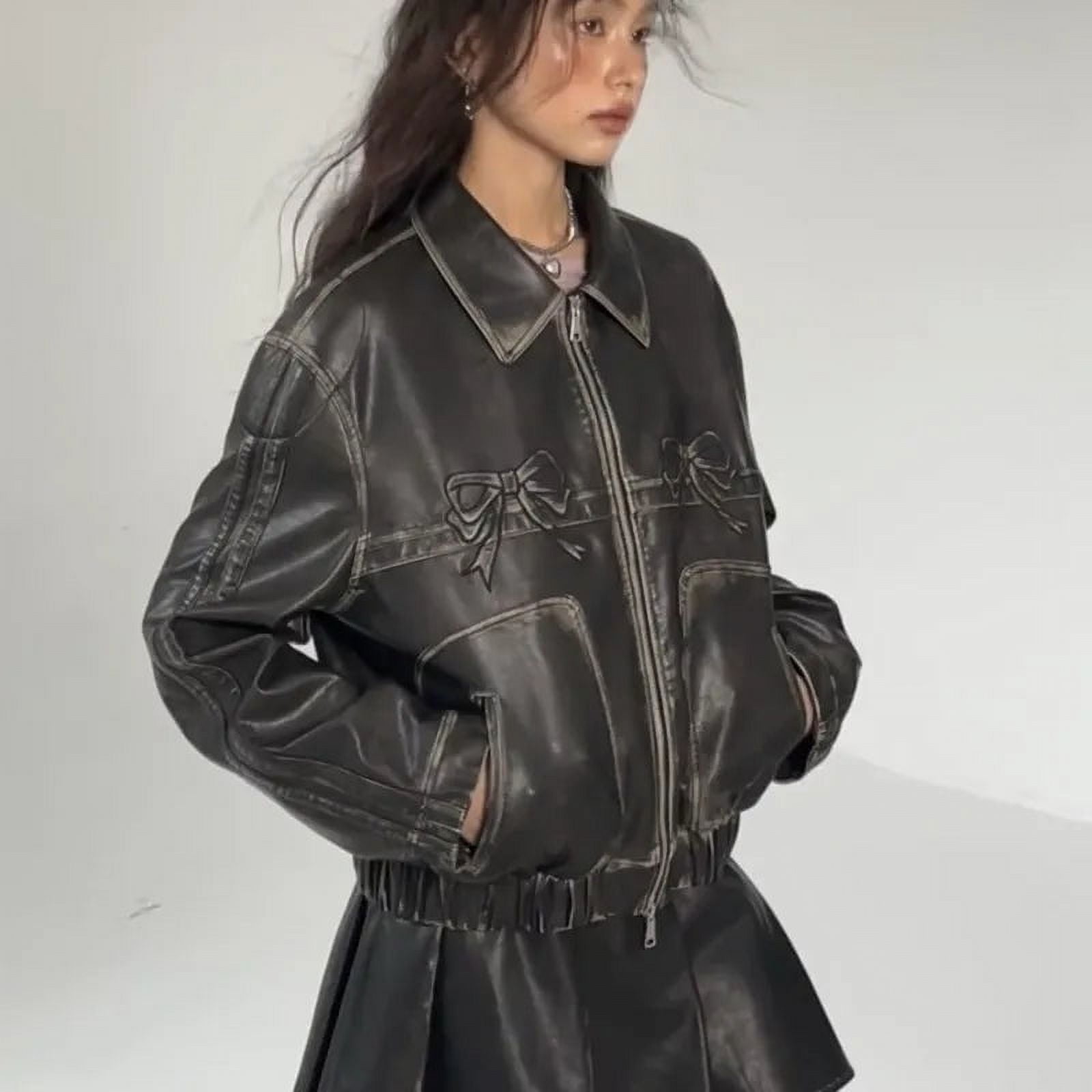 美品　real leather reversiable coat y2k Bow Y2k Motorcycle PU Leather Jacket Female Autumn Fashion