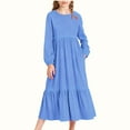 thumbnail image 2 of dazeni Girls Long Sleeve Dresses A Line Tiered Flowy Casual Party Dresses with Pockets Spring Fall Crewneck Maxi Dress Light Blue 6-7Years, 2 of 6