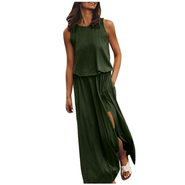 Robe d'Été 2025 pour Femmes Longue Robe Sans Manches à Col Rond Robes Maxi Robes pour Femmes Couleur Unie Fente Robes d'Été pour Femmes Ouverture