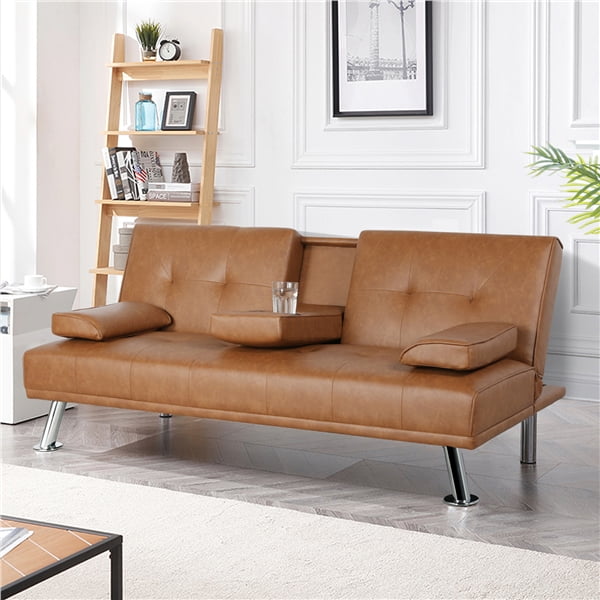 Luxurygoods Modern Faux Leather, Leather Futon Couch With Cup Holders