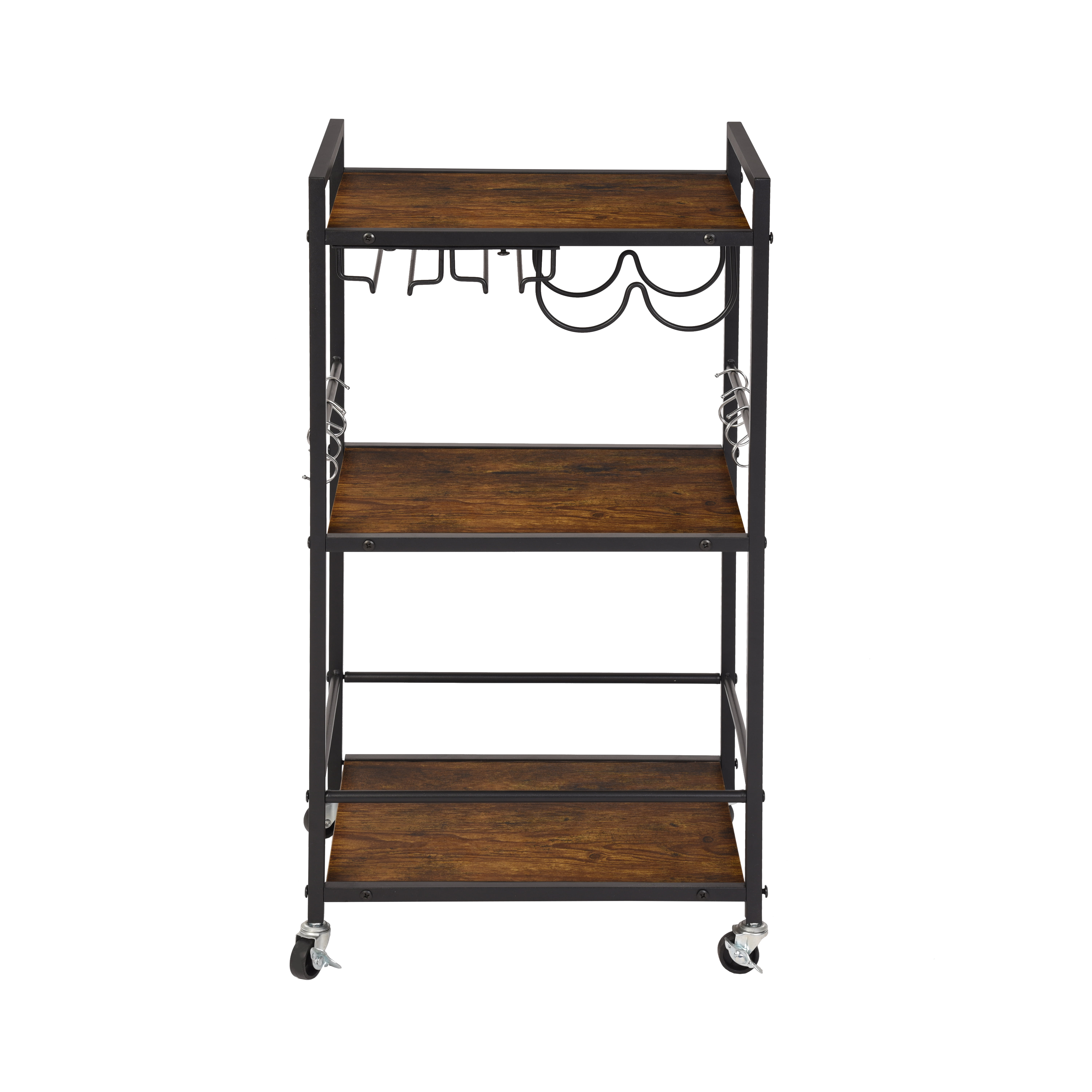 3-Tier Rolling Bar Cart with Wine Rack and Glass Holders, Serving Cart on Wheels, Metal Frame Beverage Cart for Kitchen, Dining Room, and Living Room