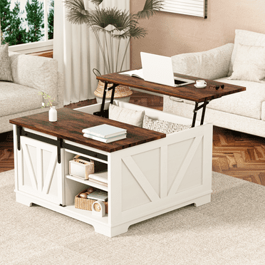 Herrfilk 31.5" Lift Top Coffee Table with Storage, Wood Square Center Tables with Large Hidden Space Compartment and Adjustable Shelves