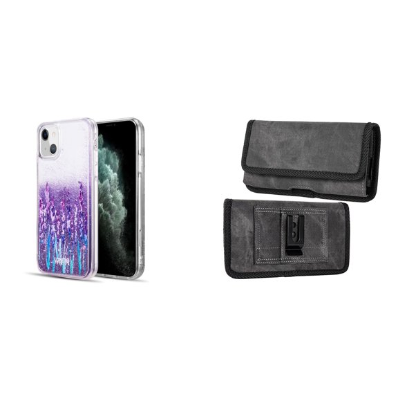 Liquid Glitter Case for iPhone 14 Plus and Belt Holster Pouch (Lavender Purple/Gray)