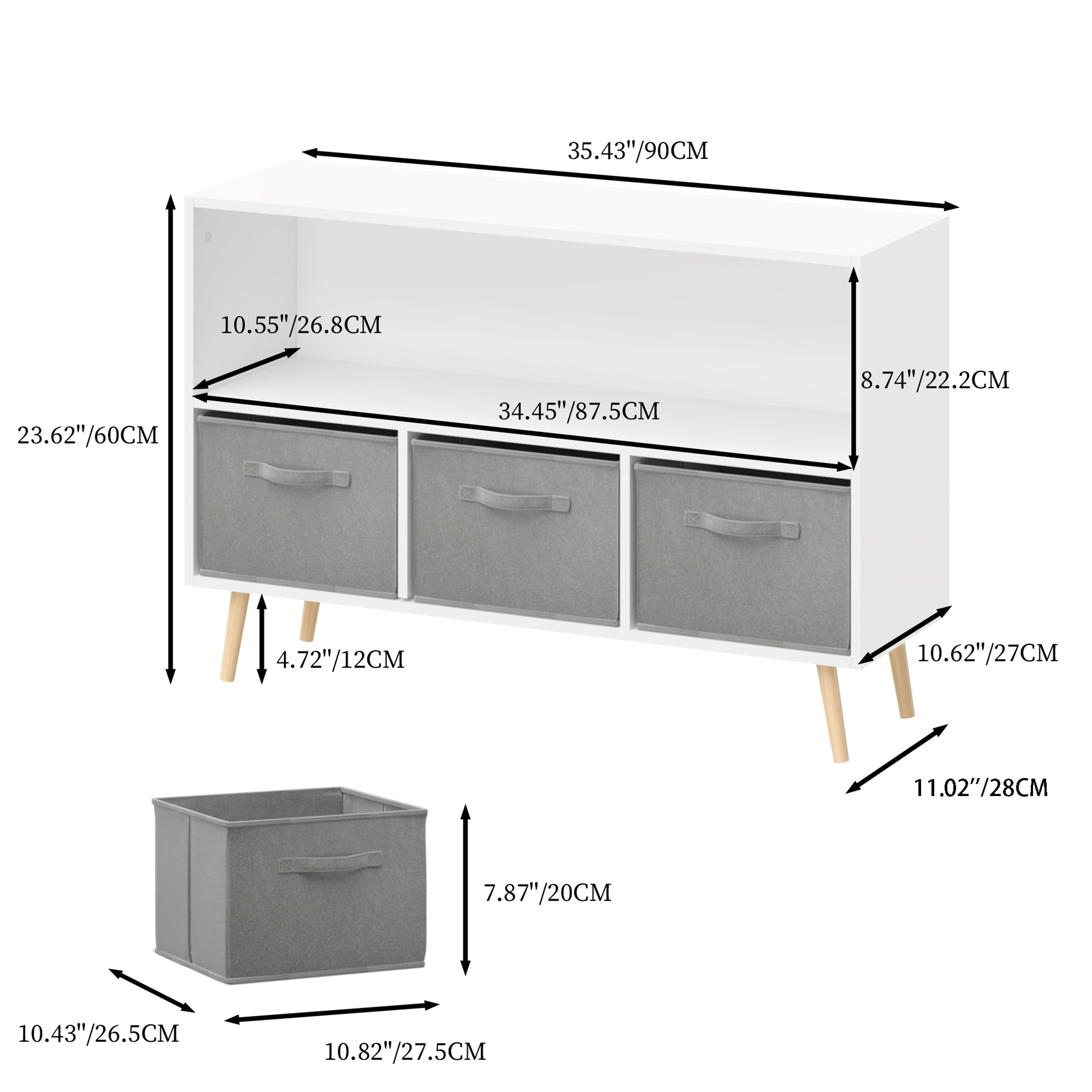 bookcase with Collapsible Fabric Drawers, Book Display, Toy Storage Cabinet Organizer 35.43*10.62*23.62 white