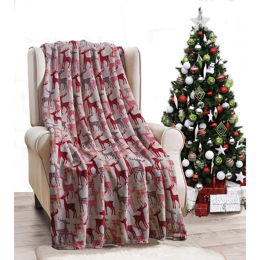 Ultra Plush Multi Red Plaid Reindeer Fleece Christmas Throw Blanket