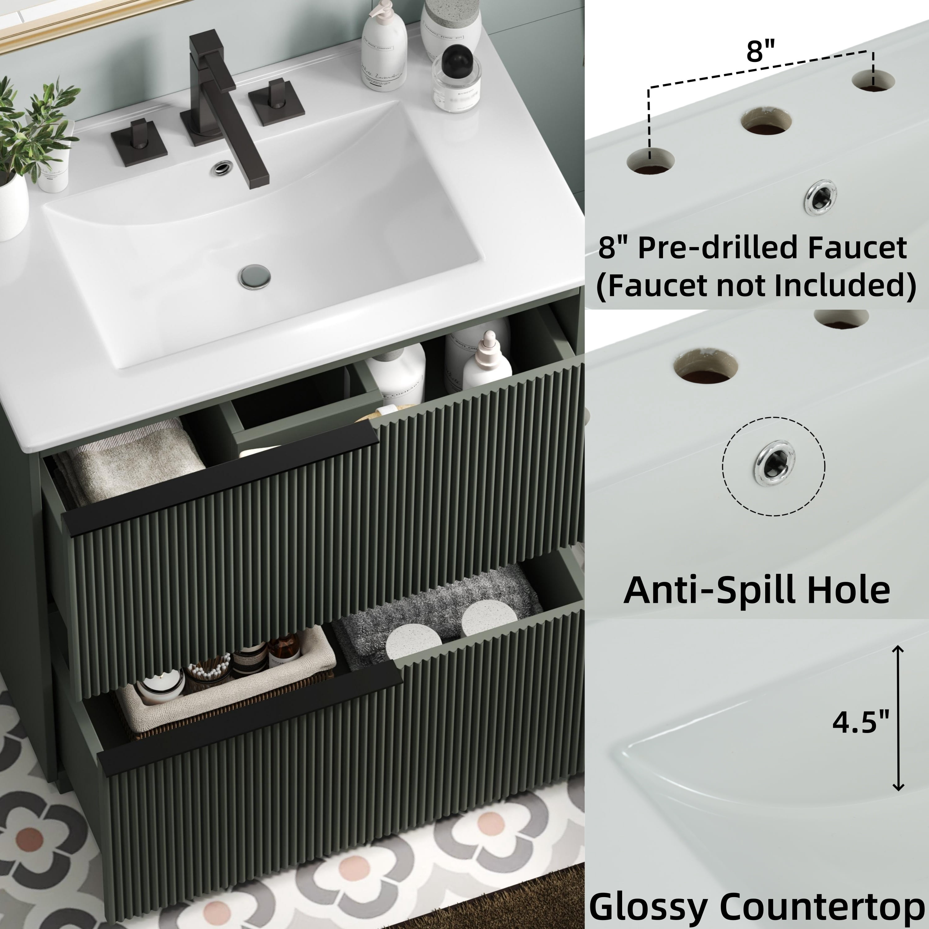 Euroco 30" Bathroom Vanity with Ceramic Sink and Full-Extension Drawers, Soft Close Undermount Drawer Slides, Fluted Design, Green