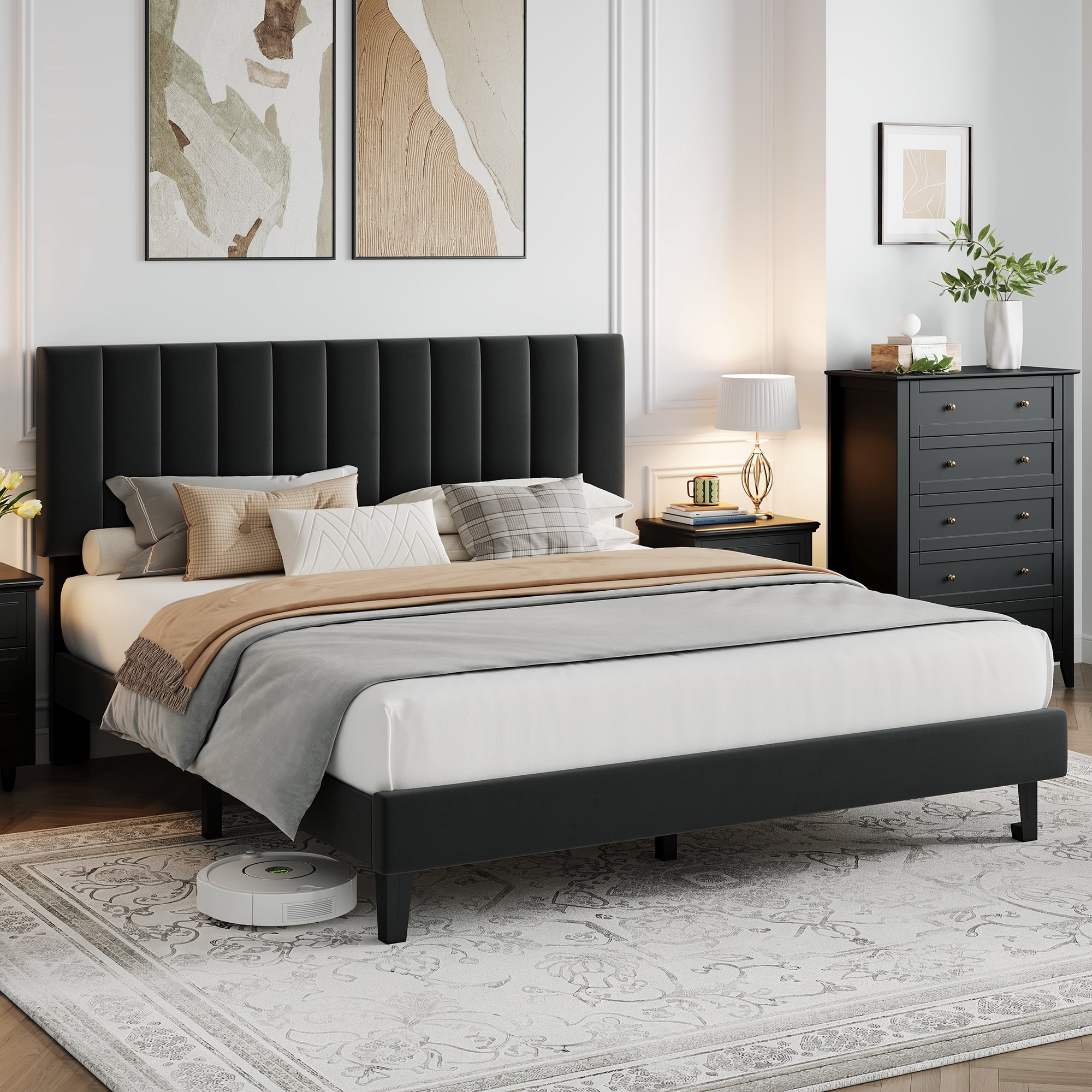Queen Bed Frame with Adjustable Headboard, Velvet Upholstered Platform Bed Frame Queen Size, Strong Wooden Slats, No Box Spring Needed, Easy Assembly, Black