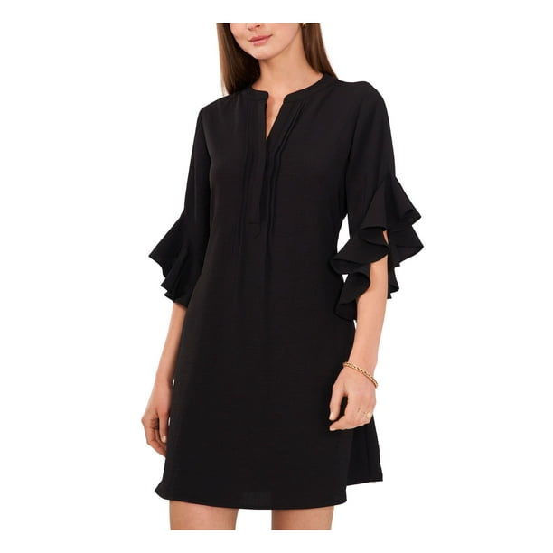 VINCE CAMUTO Womens Black Ruffled Pin-tuck Front Flutter Sleeve Split Above  The Knee Cocktail Shift Dress M 