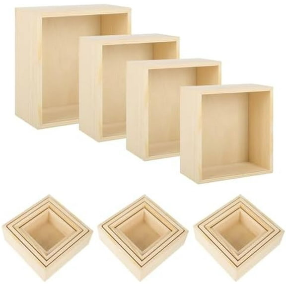 16 Pcs Unfinished Wooden Boxes, 4 Sizes Wood Crates for Crafts, Rustic Square Storage Centerpiece for Table, Home Drawer Decor, Treasure Box, 6.3x6.3, 5.5x5.5, 4.7x4.7, 4x4 Inch$$Art & Craft