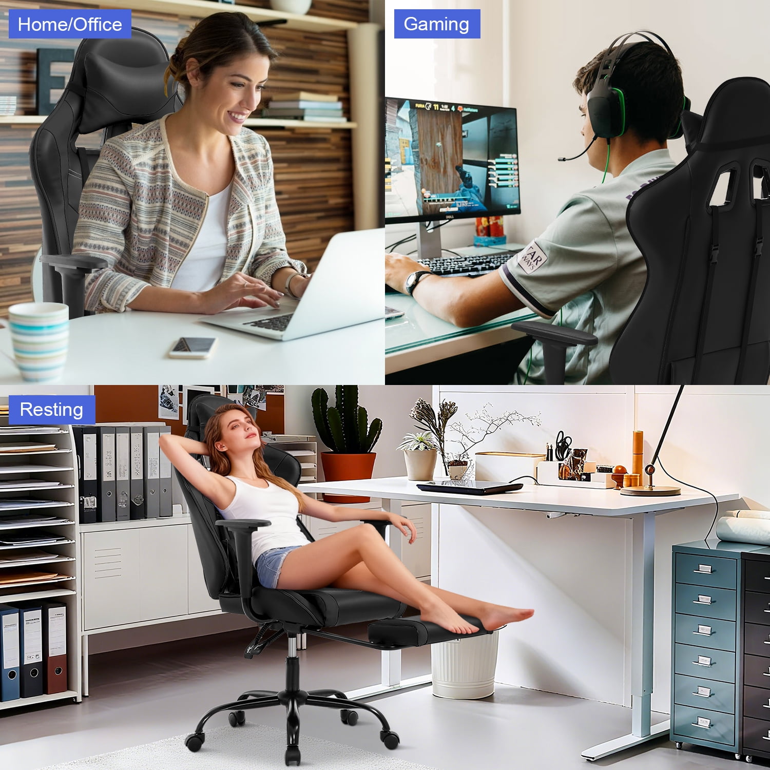 NiamVelo Gaming Chair with Footrest, Racing Style Gamer Chair for Adults&Teen, High Back Reclining Game Chair with Headrest and Lumbar Support, Computer Chair Desk Chair 250lb Capacity （Black）