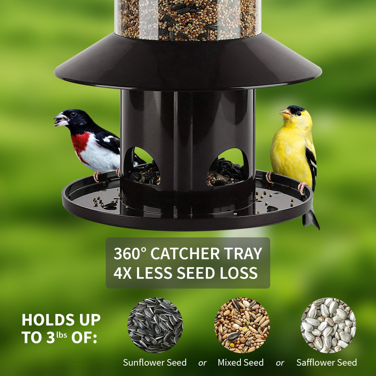 Squirrel Proof Bird Feeder - 360° Feeding Perch Tray for Outdoor Hanging Wild Bird Seeds, Dark Green.