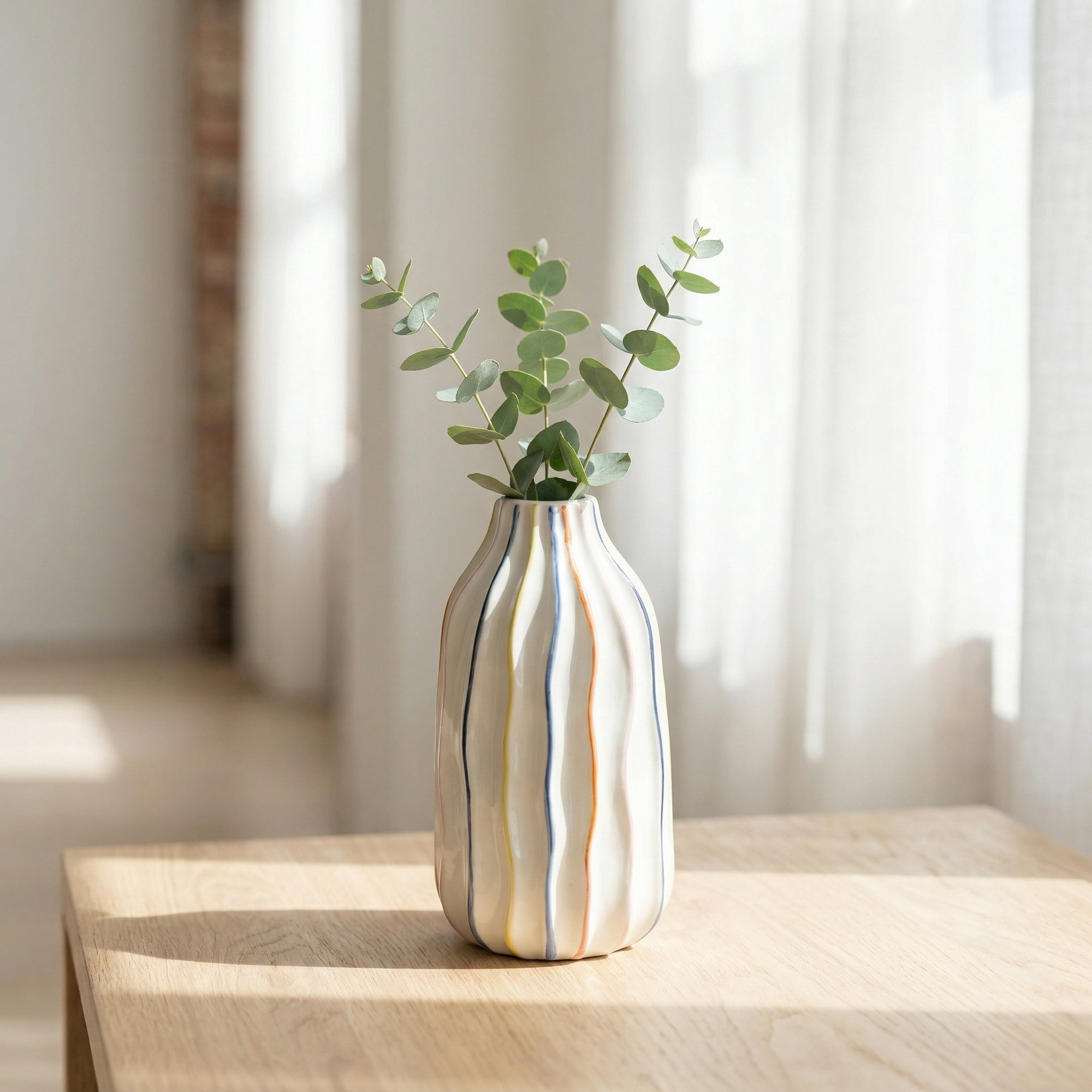 Unique Bargains Modern Ceramic Aesthetic Ribbed Flower Vase Rainbow 3.6"L x 3.6"W x 6.8"H