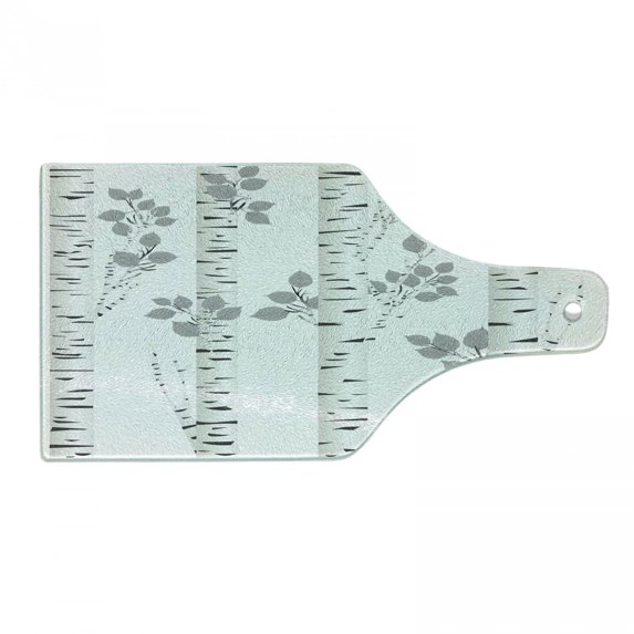 Birch Tree Cutting Board, Plain Colored Branches Leaves Autumn Nature Forest Inspired Image Print, Decorative Tempered Glass Cutting and Serving Board, Wine Bottle Shape, Grey White, by Ambesonne