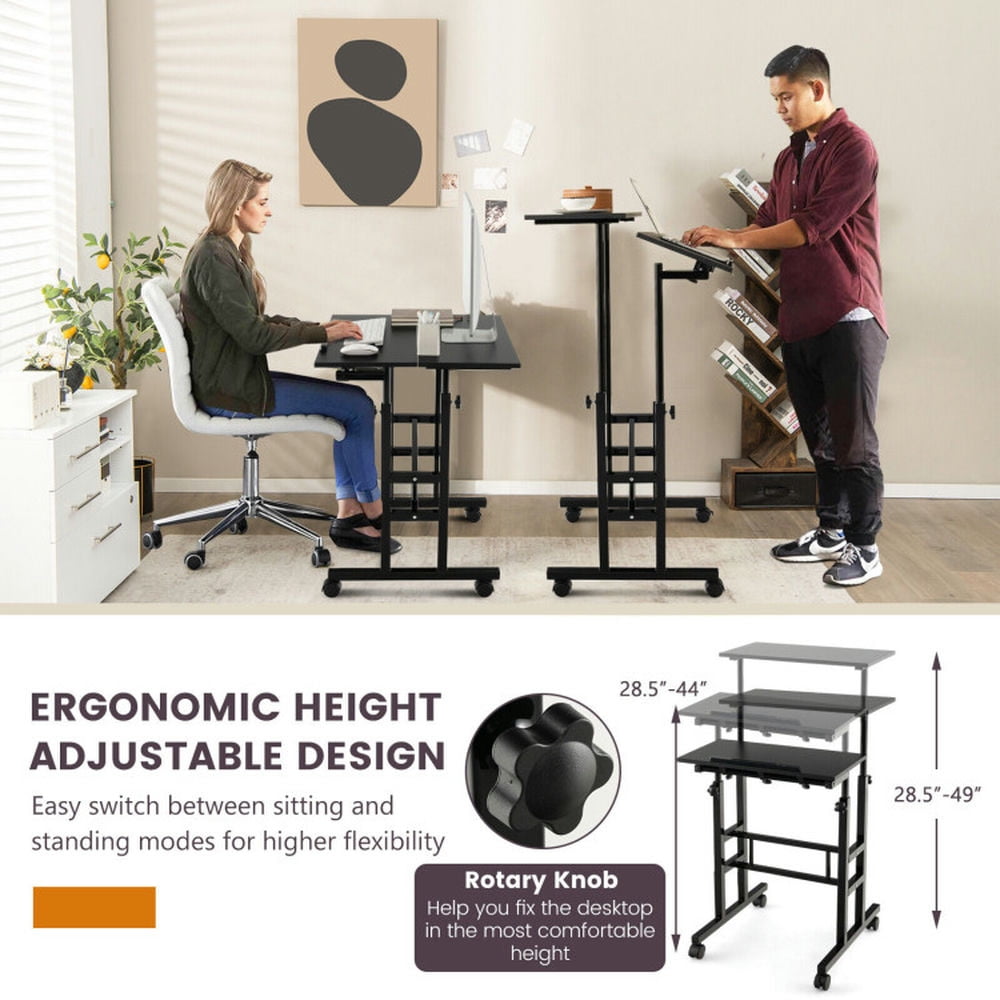 Resenkos Height Adjustable Mobile Standing Desk with Rolling Wheels for Office and Home-Black