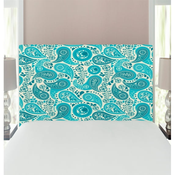 Turquoise Headboard, Paisley Pattern Antique Floral Pattern Ornaments Classical Middle Eastern, Upholstered Decorative Metal Bed Headboard with Memory Foam, Twin Size, Aqua Teal, by Ambesonne