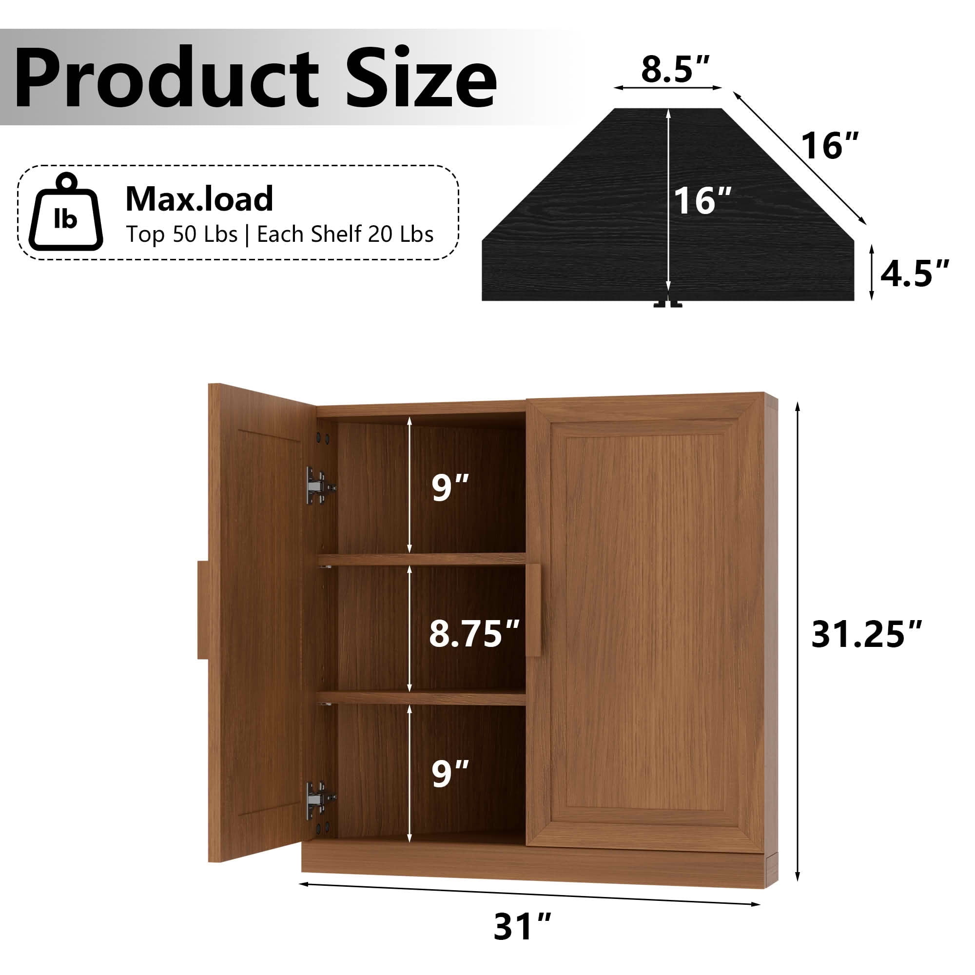 MAYEERTY 31x31x16 Inch Light Walnut 2-Door Corner Storage Cabinet with Solid Wood Door