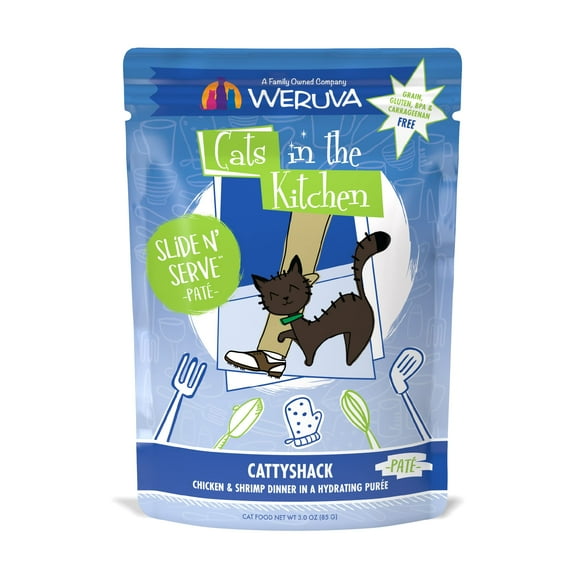 Weruva cats in the Kitchen Slide N Serve grain-Free Natural Wet Pate cat Food Pouches, cattyshack, 3oz Pouch (Pack of 12)