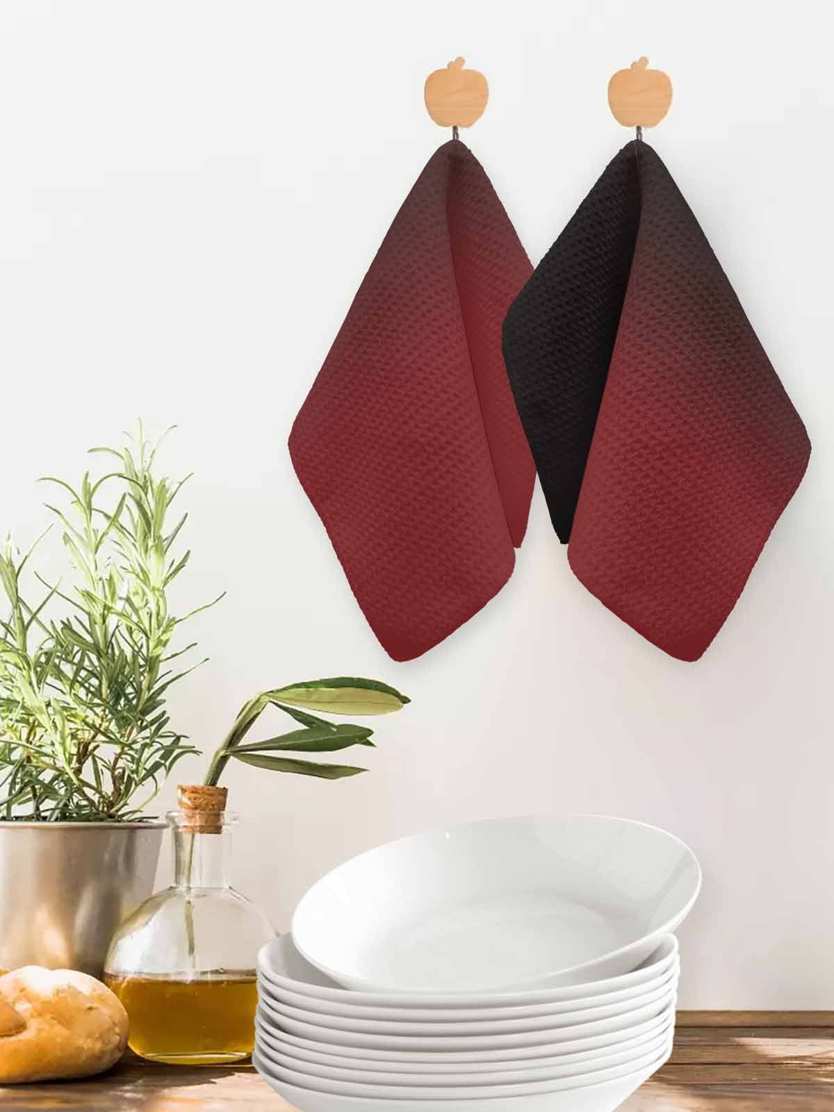 Black Red Ombre Dish Towels Set, Waffle Weave Kitchen Towels 3 Pieces, Modern Abstract Art Gradient Microfiber Hair Face Bath Tea Towel Absorbent Quick Drying Cleaning Dish Cloths 12"x12"