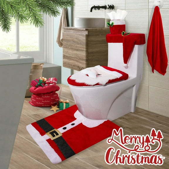 Limited Time Deal karymi Christmas Toilet Cover 5 Piece Set Bathroom Decoration Santa Theme Seat Cover Rug Tank Cover Tissue Box Hand Towel Kids Christmas Gifts Weekly flyer Best Sellers