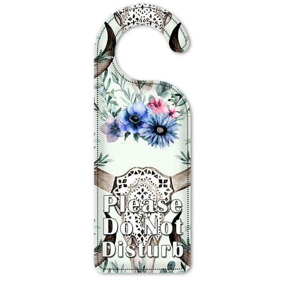 Do Not Disturb Door Knob Hanger Sign - Bull Skull & Blue Flowers