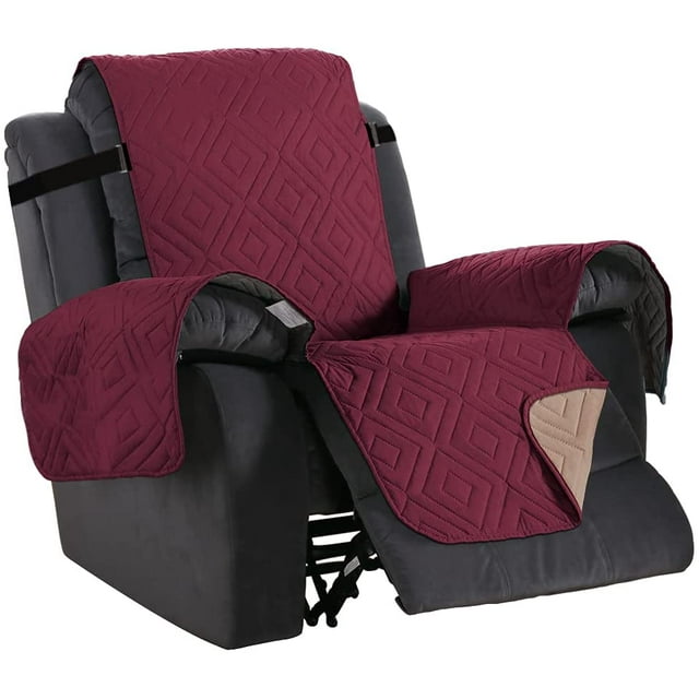 Housse de Protection Antidérapante pour Fauteuil Inclinable Surdimensionné, Largeur de Siège jusqu'à 30 Coton, 2 Sangles Élastiques, Housse de Meuble Réversible pour Enfants, Chiens, Chats, Animaux (Bourgogne/beige)