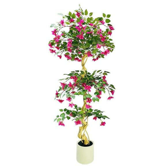 Artificial Bougainvillea Tree 6FT - Realistic Pink Faux Plant in White Pot for Indoor Outdoor Home Office Decor