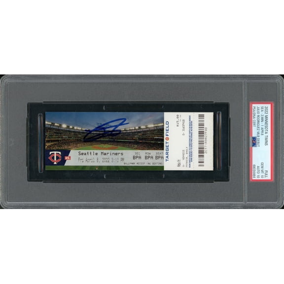 Collectible Julio Rodriguez Autographed 2022 MLB Debut Rookie Ticket 4/8/2022 Seattle Mariners PSA 10 Auto Grade Gem Mint 10 (Field) PSA/DNA Stock #262031