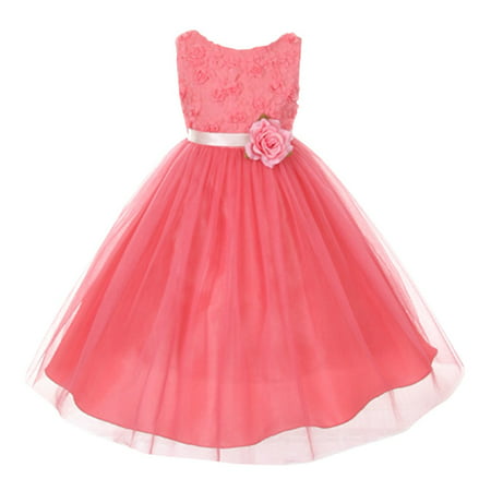 Big Girls Coral Chiffon Rosebud Applique Bodice Tulle Flower Girl Dress (Best Dress For Big Belly)