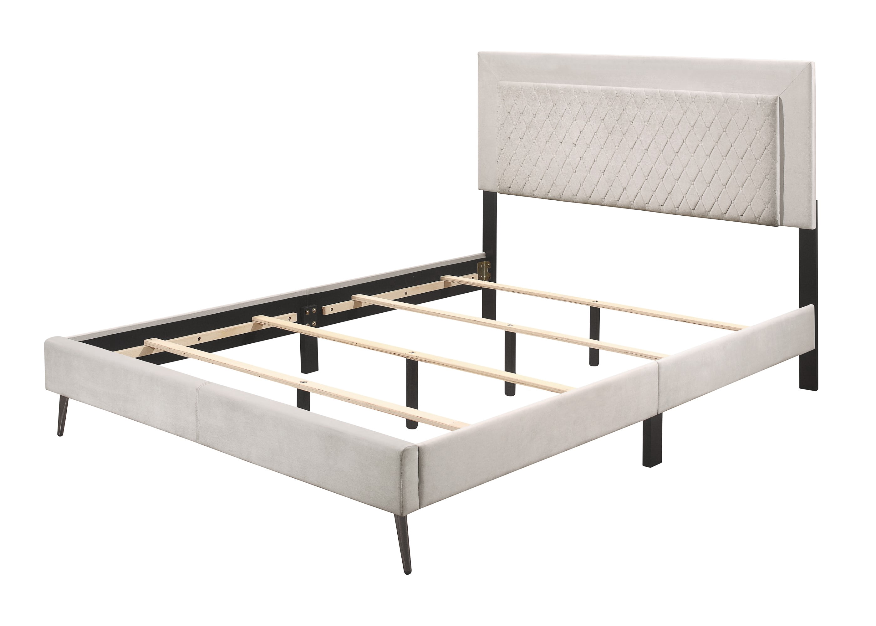 Home Design Lattice King Upholstered Panel Bed Frame, Velvet Upholstery, Foam-Padded Headboard, Light Gray, Easy Assembly
