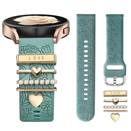 Comvin Flower Engraved Band for Samsung Galaxy Watch 7 Band/Watch 6 5 4 40mm 44mm/Watch 6 4 Classic Band 42mm 46mm 43mm 47mm/Galaxy Watch 5 Pro Band 45mm, with Decorative Charms Accessories Women