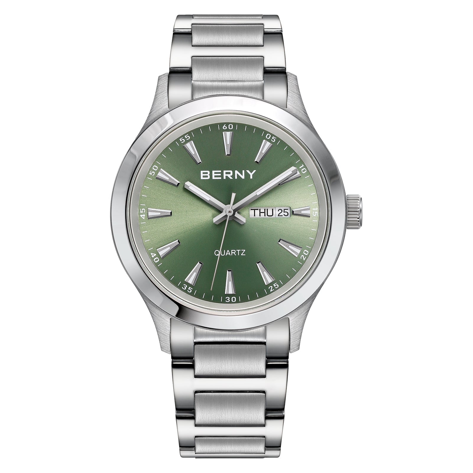 BERNY Quartz Watch for Men, Fashion Sports Wrist Watches with Solid Stainlesss Steel Case & Band, Date & Day Calendar, Casual Waterproof Men's Watches, Green