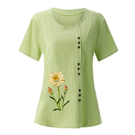

Cathalem Lacy Shirts for Women Women s Printed Round Neck Raglan Sleeve Hem Slit Loose Short Sleeve Button plus Size Scrub Tops Shirt Green XX-Large