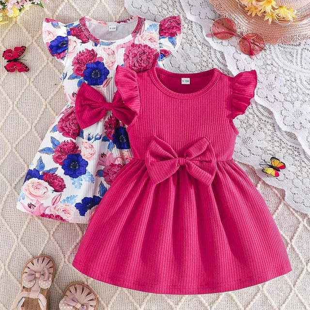 Robes d'Été pour Filles, Ensemble Deux Pièces Sans Manches à Ourlet Volanté pour Bébé jusqu'à 3 Ans 2 Pcs